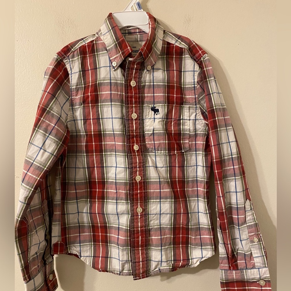 Boys'‎ Abercrombie Kids White Red Gray Muscle Fit Button Down Size Small